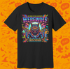 A black short-sleeve crewneck t-shirt featuring a vibrant, colorful graphic of a werewolf with the text 'THE CURSE OF THE LYCANthrope WEREWOLF LORD OF THE NIGHT-PACE CHILD OF THE MOON' on the chest, displayed against a festive orange Halloween-themed background with pumpkins and ghosts.